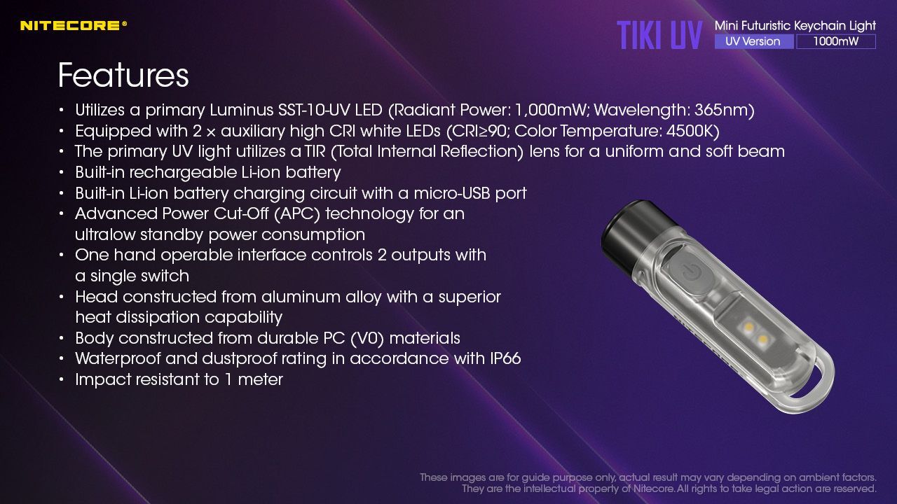 TIKI UV Luminus SST-10UV 365nh 1000мВт+ CRI white LEDs 2часа Rechargeable Li-ion
